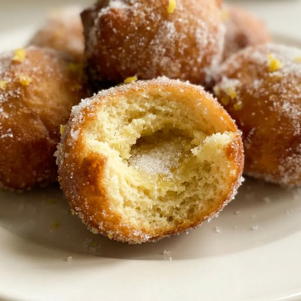 Up close, a golden donut with a thin lemon glaze, showing a soft crumb and tiny air holes.