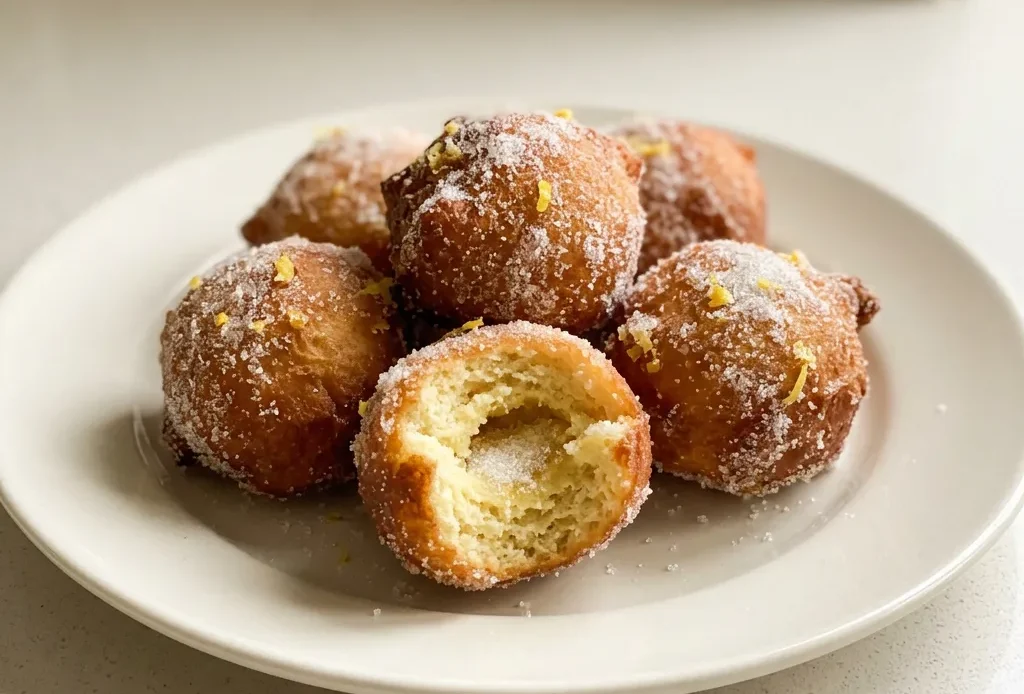 Looking down at three lemon donuts with glossy glaze, arranged in a triangle on a white surface.