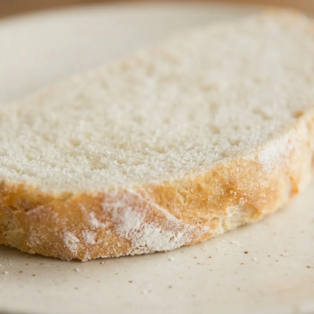 Up close, the bread's crust shows cracks and a dusting of coarse salt, with a soft, airy crumb visible inside.