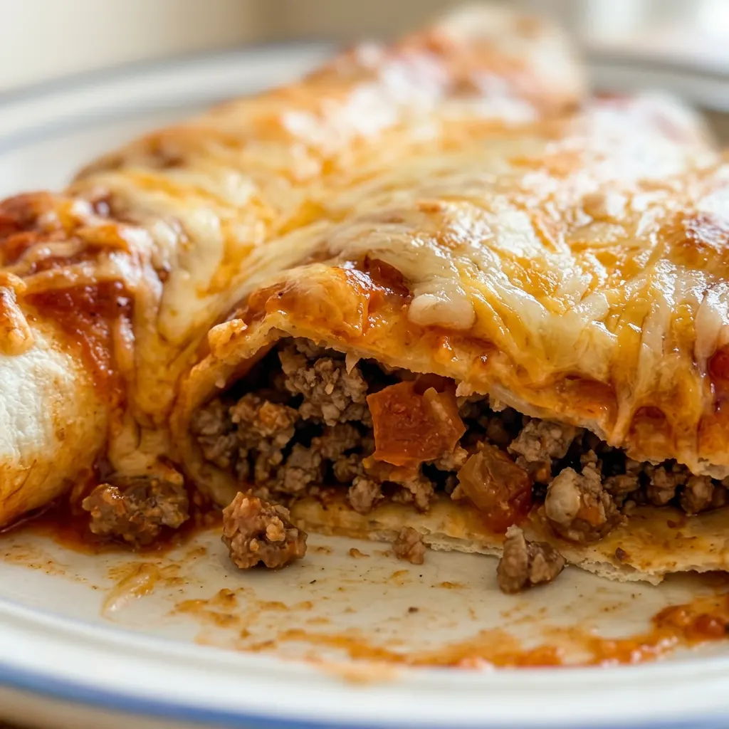 Close view of a beef enchilada with ground beef and salsa visible under melted cheese and sauce.