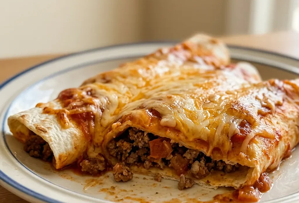 Overhead shot of two beef enchiladas topped with red sauce and melted cheese on a plate.