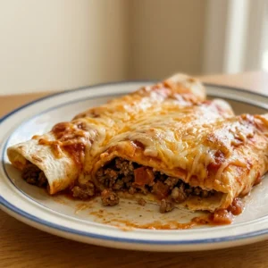 Overhead shot of two beef enchiladas topped with red sauce and melted cheese on a plate.