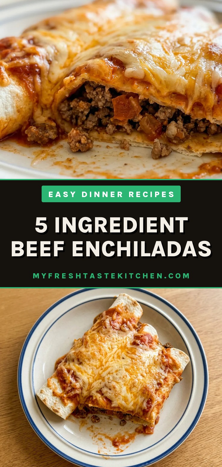 Overhead shot of two beef enchiladas topped with red sauce and melted cheese on a plate.