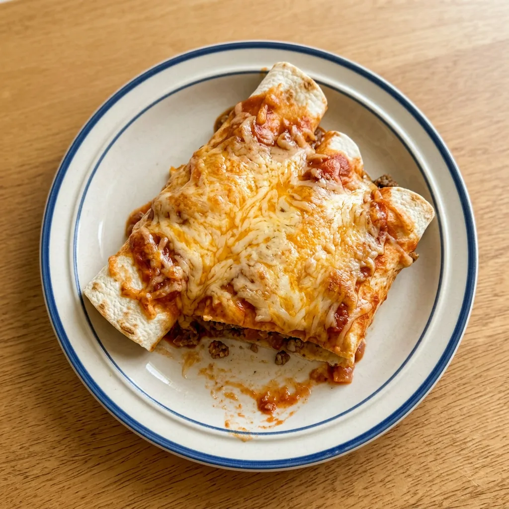 Plated beef enchiladas drizzled with enchilada sauce and sprinkled with Mexican cheese.