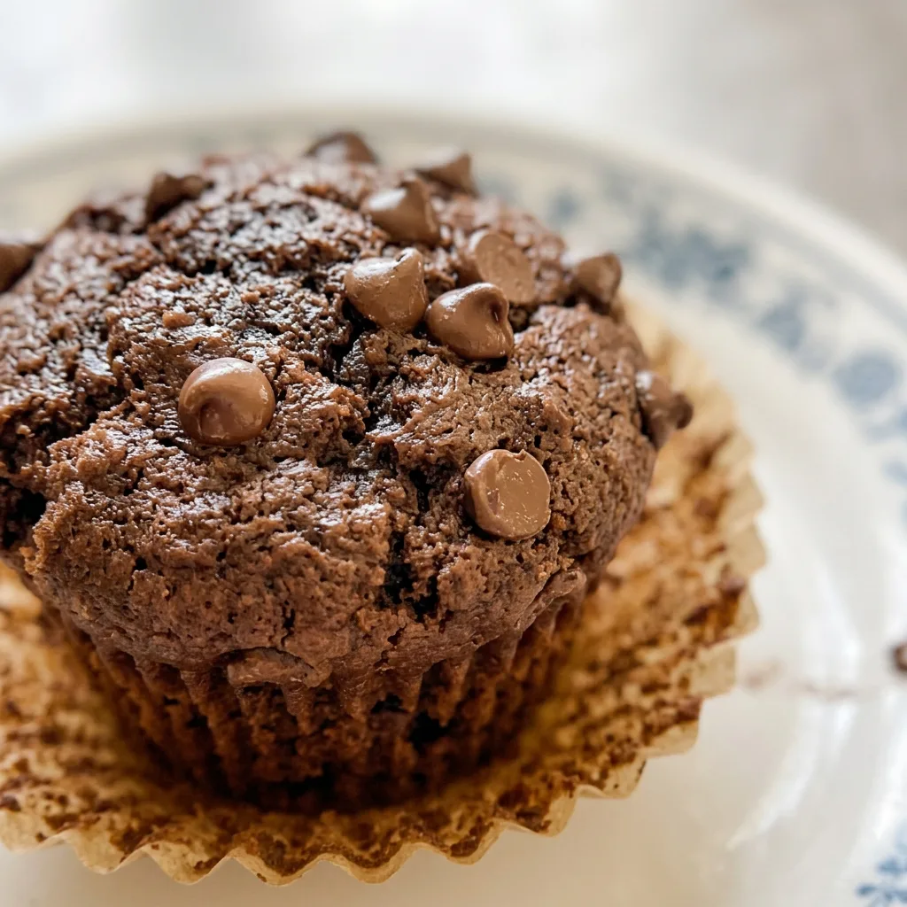 Macro detail of a chocolate muffin's cracked top studded with melted chocolate chips.