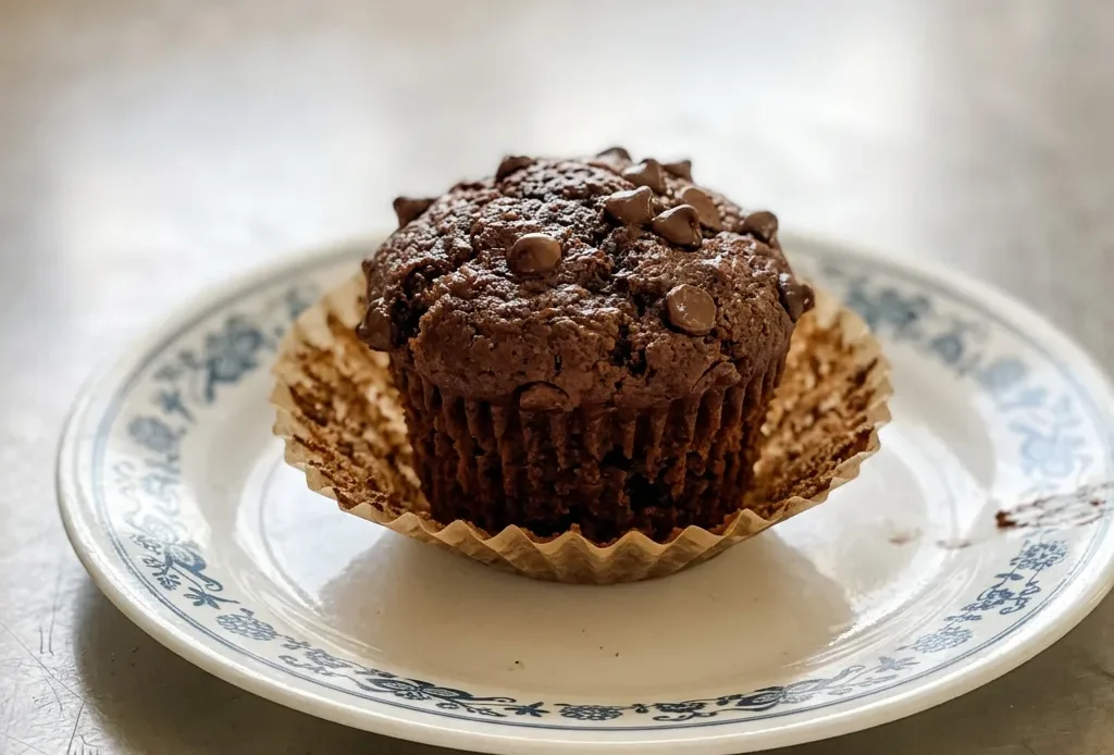 Top-down look at a chocolate muffin with visible chocolate chips and a domed top.