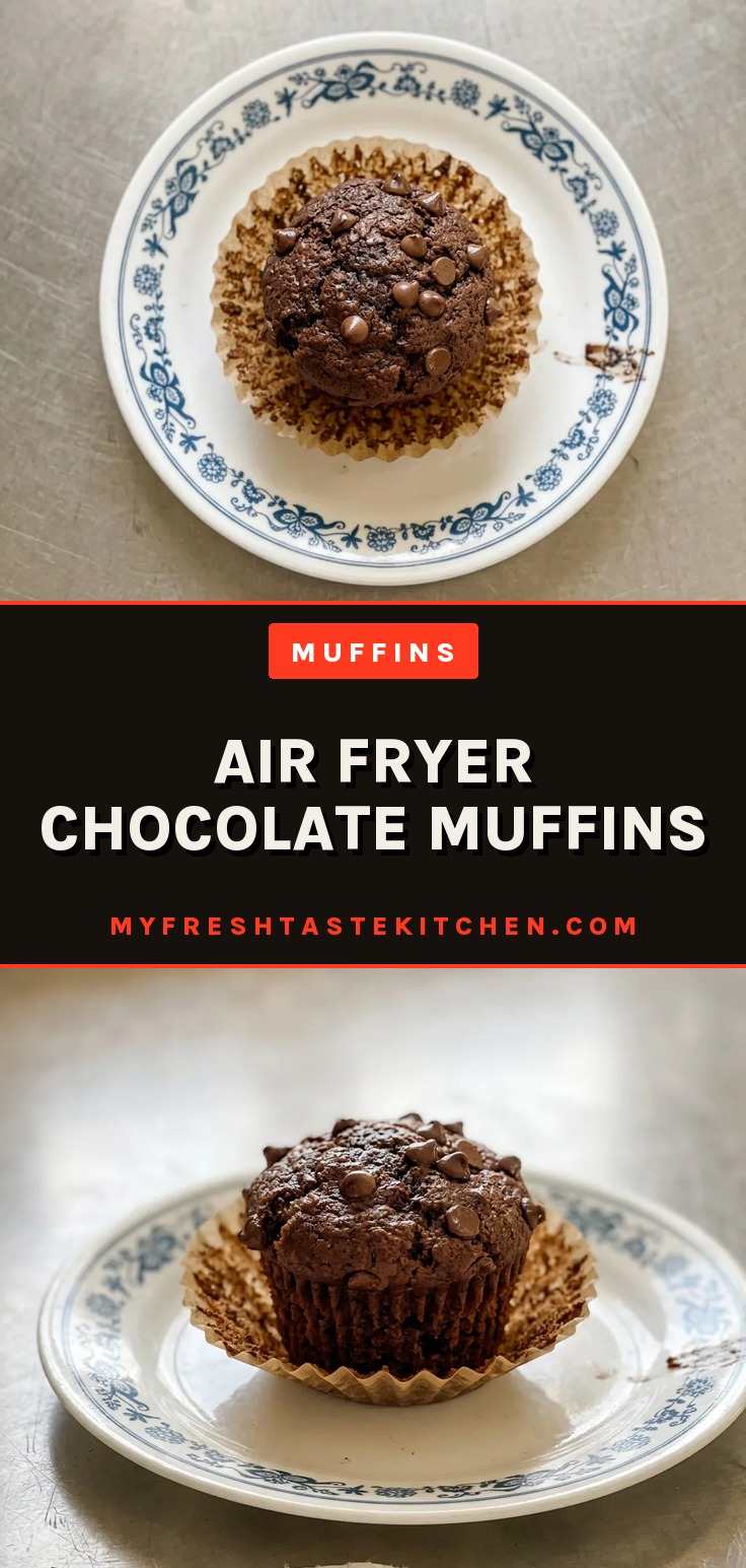 Top-down look at a chocolate muffin with visible chocolate chips and a domed top.