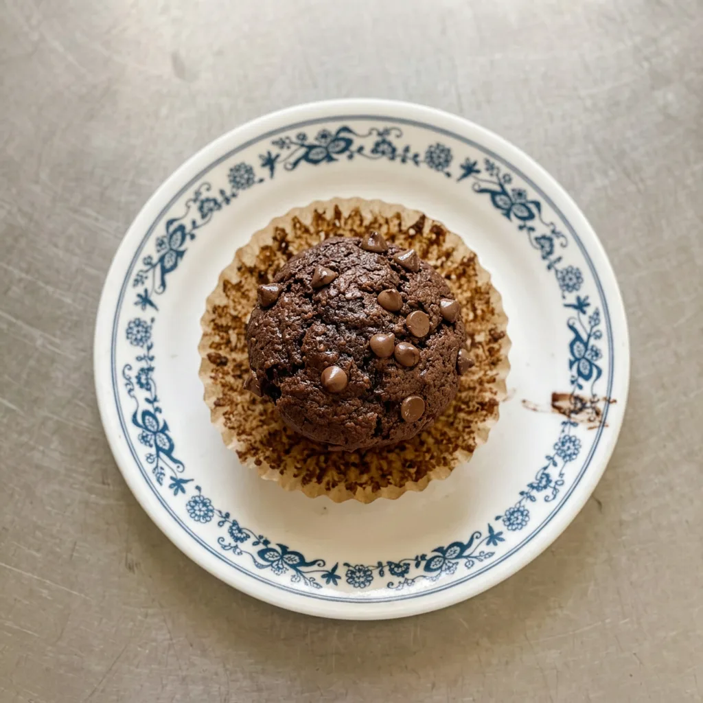 A serving of a chocolate muffin with a golden-brown crust and dark interior.