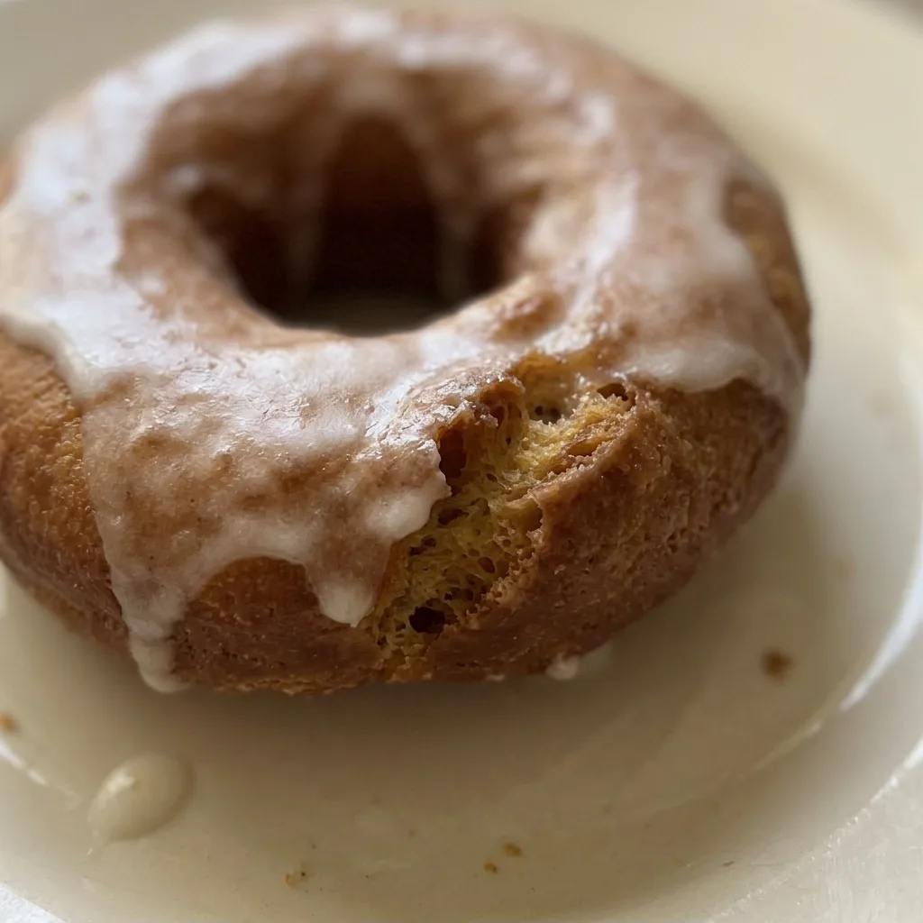 Macro detail of a golden-brown donut with a soft crumb, speckled with nutmeg, and a glossy butter finish.