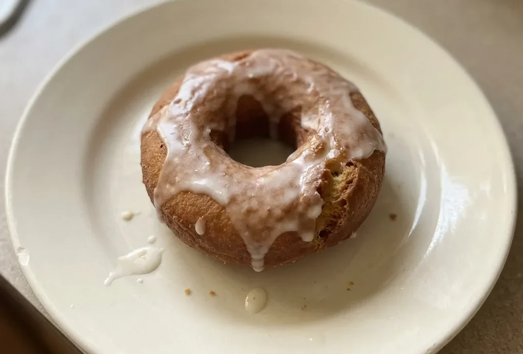 Top-down look at a round donut with a hole, dusted with cinnamon sugar and a light sheen of butter.
