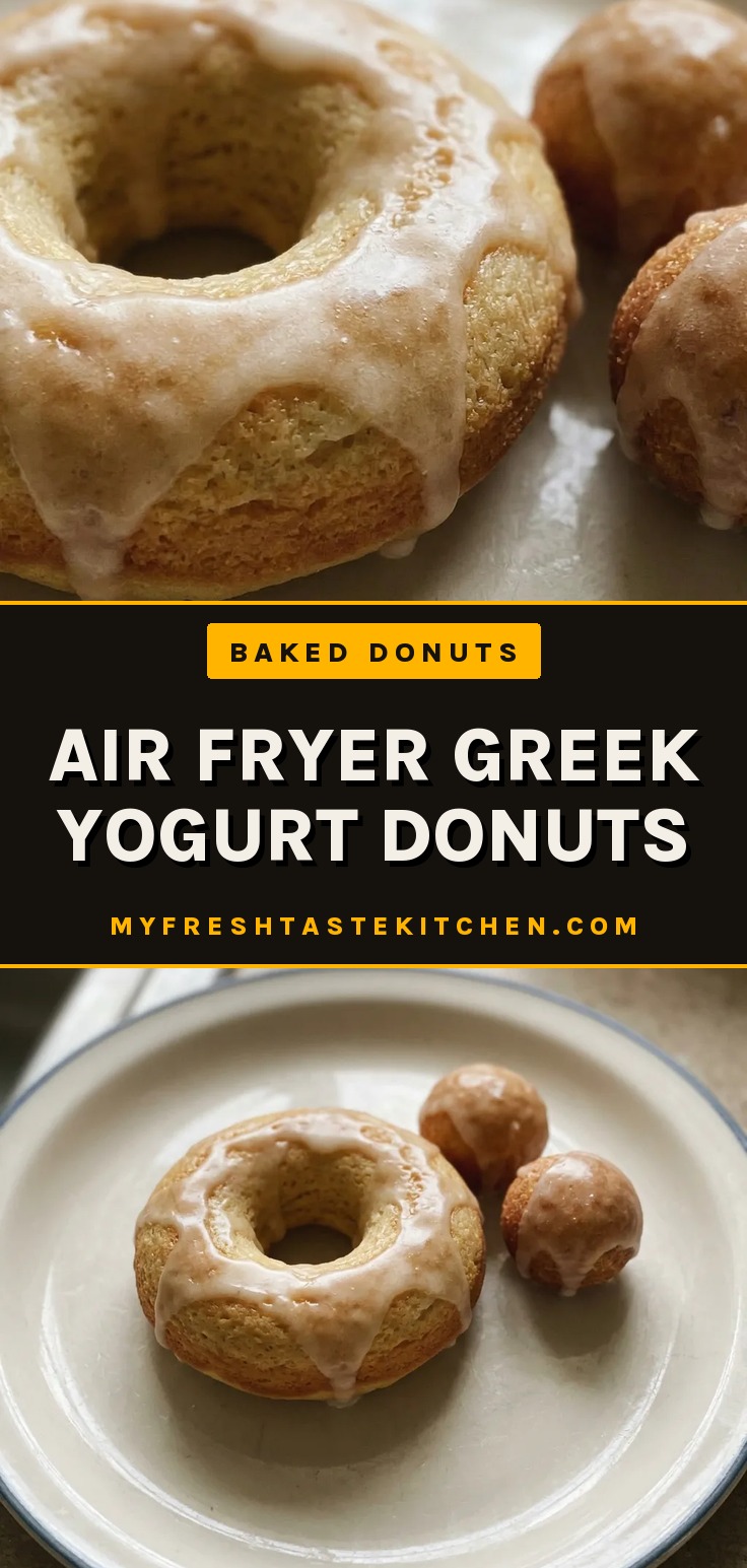 Air fryer greek yogurt donuts, golden brown with a vanilla glaze, arranged on a surface.