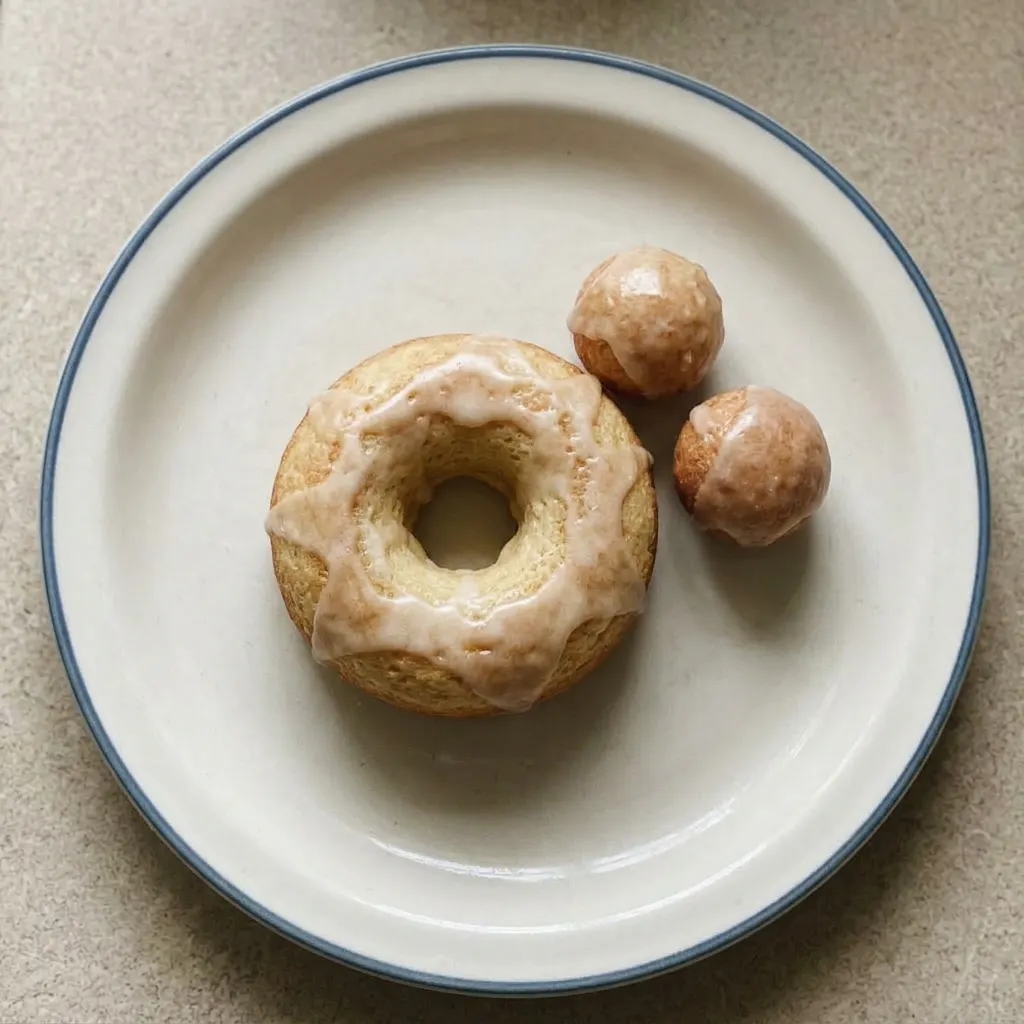 Plated donuts drizzled with white glaze and topped with rainbow sprinkles, arranged in a small stack.