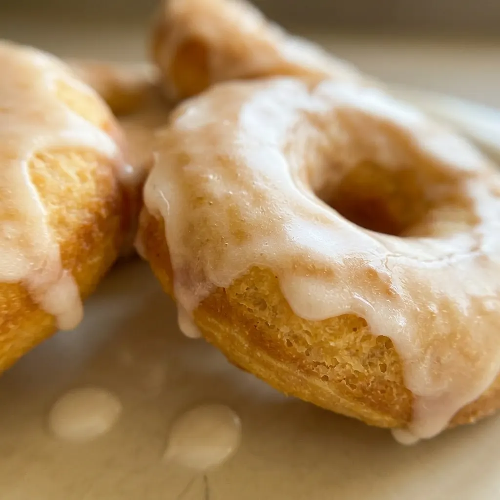 Up close, a donut with a glossy vanilla glaze and visible nutmeg specks in the crumb topping.