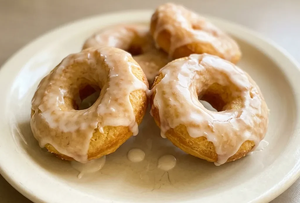 Looking down at three glazed donuts with a sour cream and nutmeg crumb topping on a white plate.