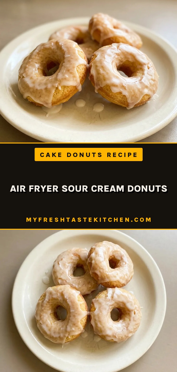 Air fryer sour cream donuts glazed with white icing, topped with vanilla and nutmeg.