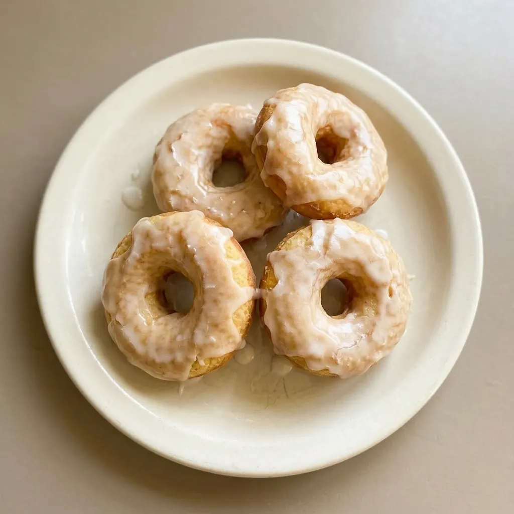 A plate of three donuts with vanilla glaze and sour cream nutmeg crumb topping.