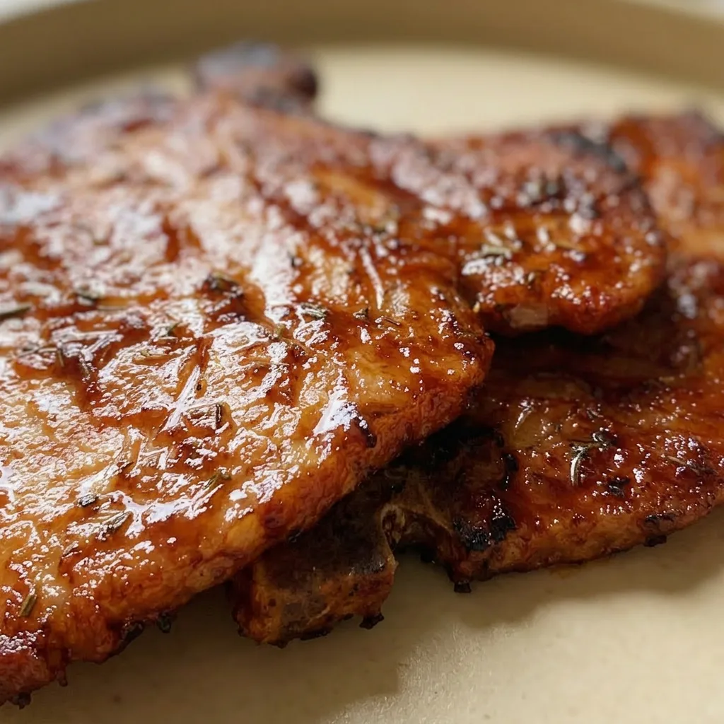 Macro detail of a pork chop with glossy teriyaki sauce, visible Worcestershire sauce streaks, and herb specks.