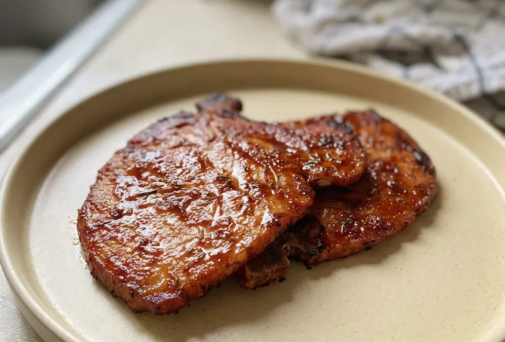 Top-down look at two pork chops glazed with teriyaki sauce, sprinkled with dried thyme and garlic powder.