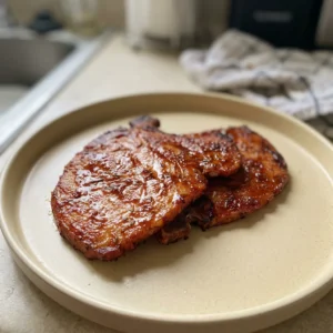 Top-down look at two pork chops glazed with teriyaki sauce, sprinkled with dried thyme and garlic powder.