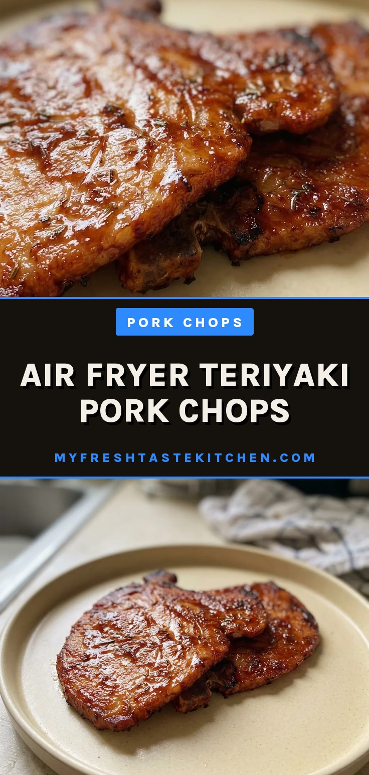 Top-down look at two pork chops glazed with teriyaki sauce, sprinkled with dried thyme and garlic powder.
