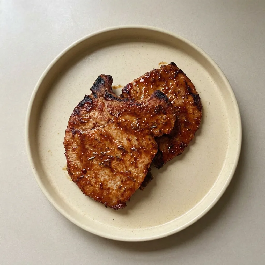 A serving of three pork chops coated in teriyaki sauce, garnished with dried thyme and garlic powder.