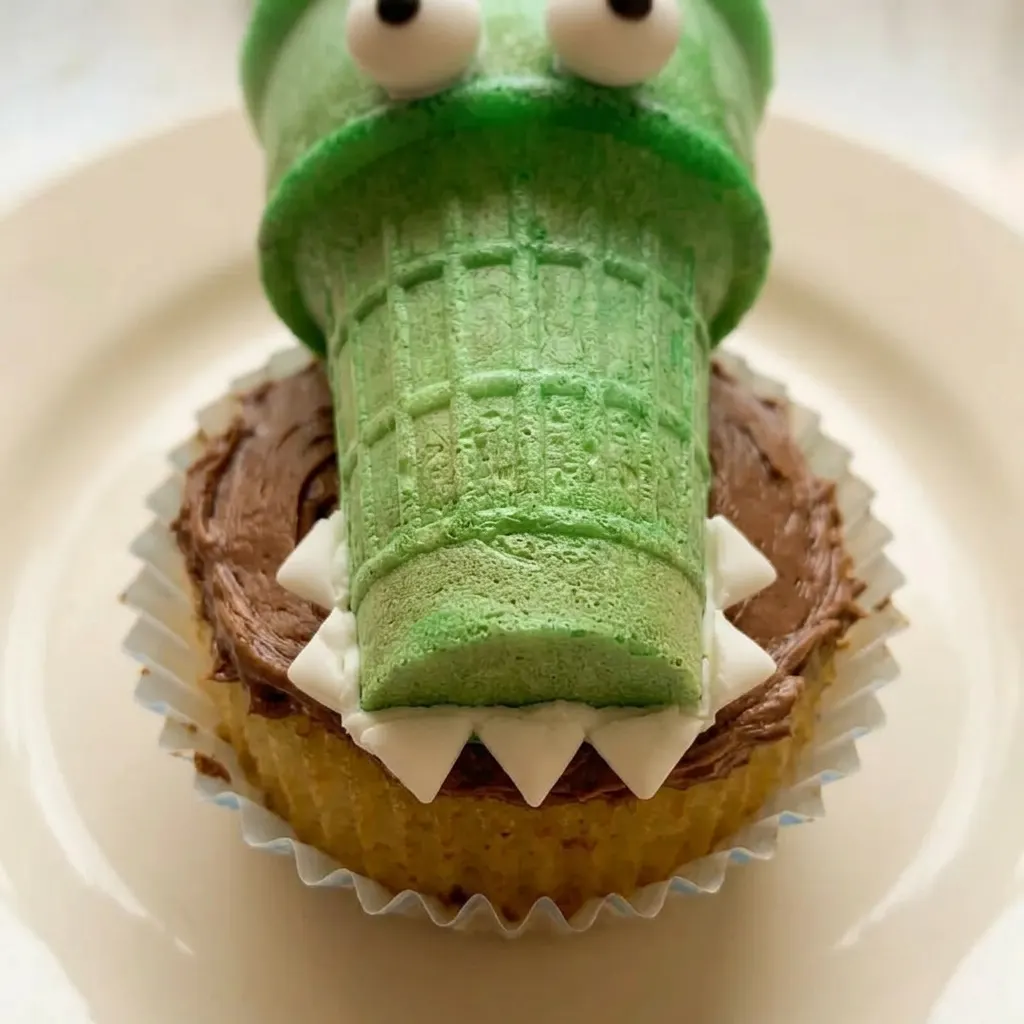 Zoomed in on a cupcake with a green cone, white frosting swirls, chocolate drizzle, edible eyeballs, and bubble gum sprinkles.