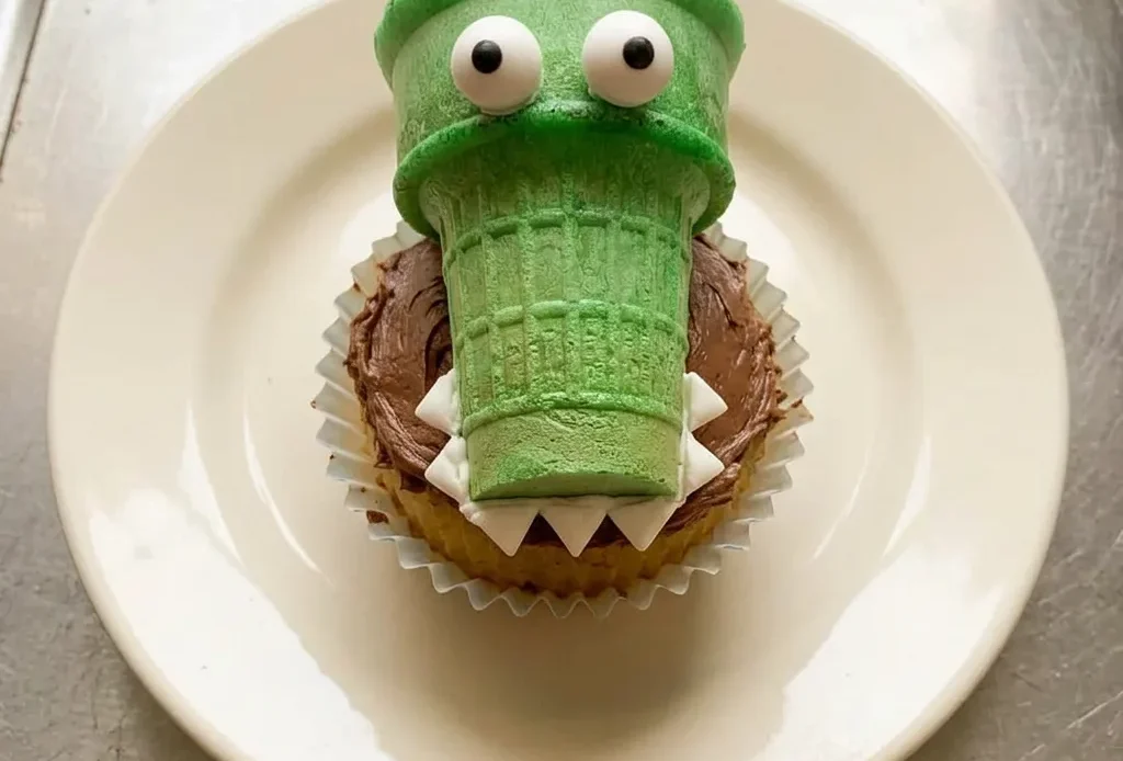 Bird's-eye view of green ice cream cone cupcakes topped with white and chocolate frosting, edible eyeballs, and bubble gum sprinkles.