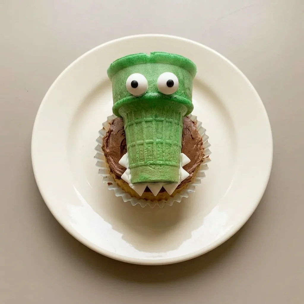 Ready to serve: cupcakes with green ice cream cones, white frosting, chocolate frosting, edible eyeballs, and bubble gum sprinkles.