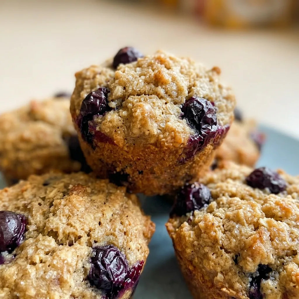 Close view of a mini muffin with a domed top studded with blueberries, showing a moist crumb.