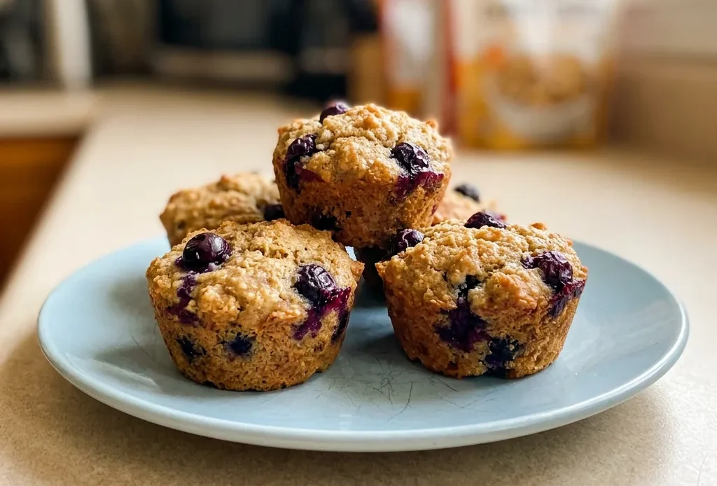 Overhead shot of three almond flour banana blueberry mini muffins with visible blueberries and apple sauce on a dark surface.