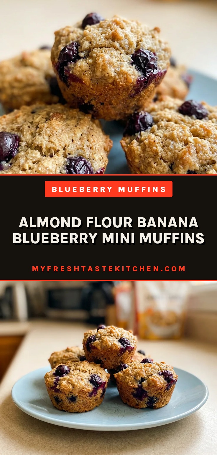 Overhead shot of three almond flour banana blueberry mini muffins with visible blueberries and apple sauce on a dark surface.