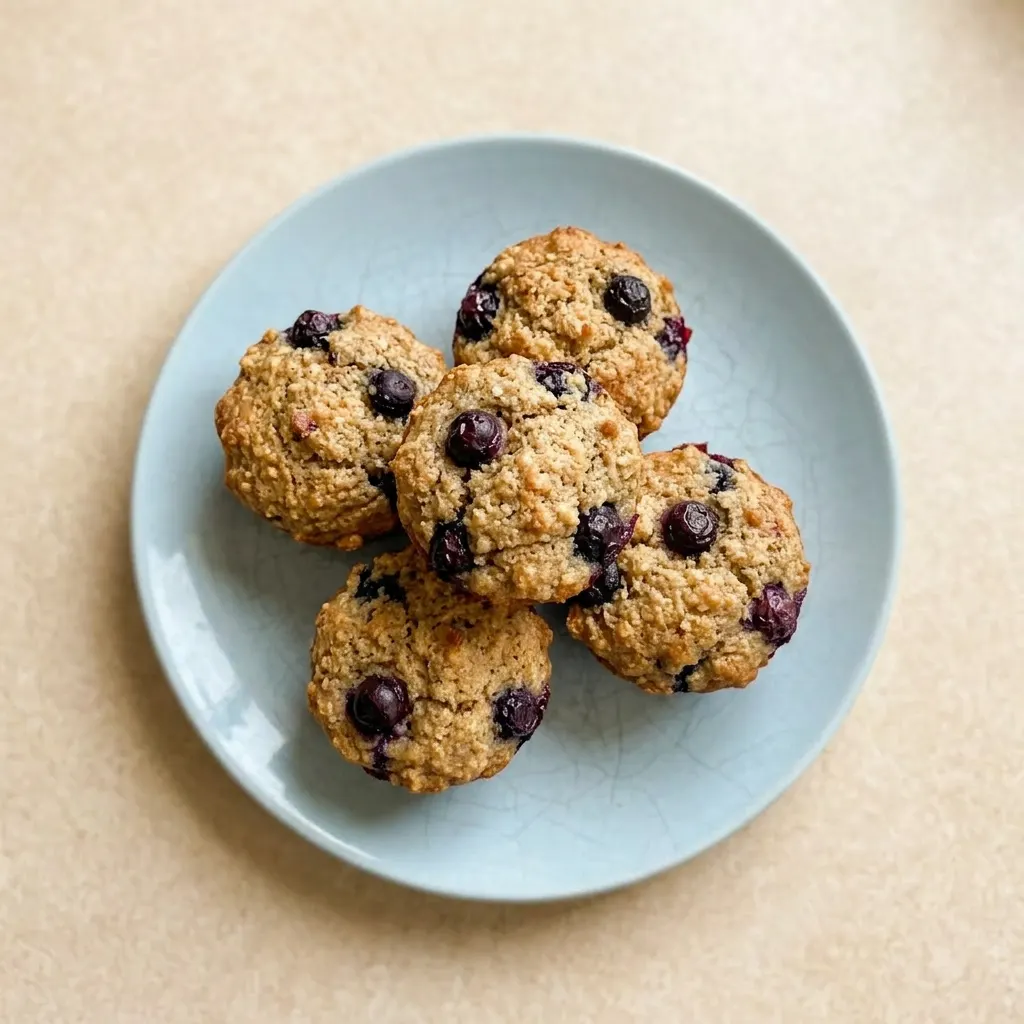 Plated mini muffins arranged in a small stack, topped with fresh blueberries and a drizzle of apple sauce.