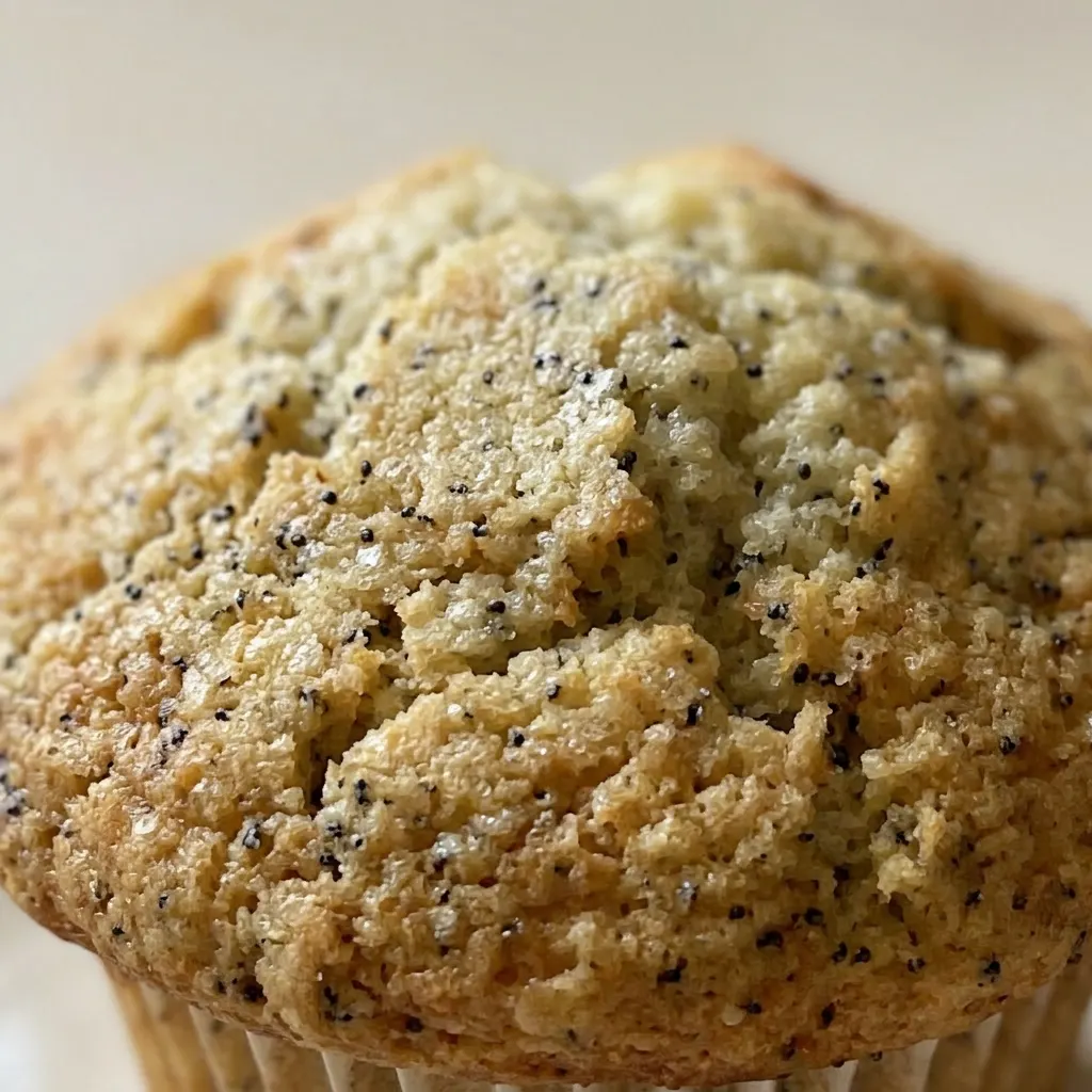 Macro detail of a moist, golden muffin crumb dotted with poppy seeds, with a glossy, cracked crust.