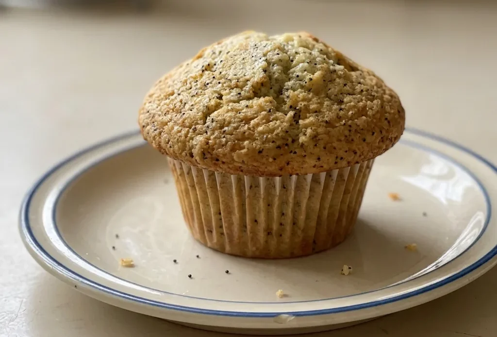 Top-down look at a domed poppyseed muffin with a cracked, golden-brown top and tiny black seeds speckled throughout.