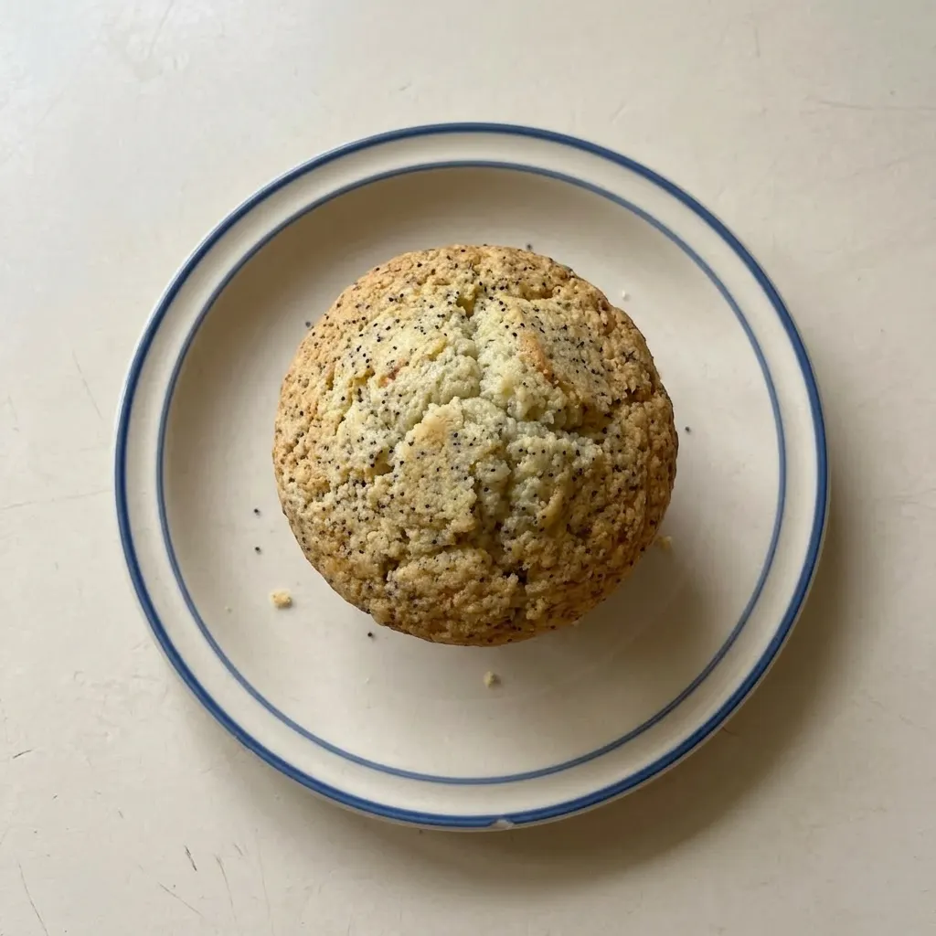 A serving of a tall, golden-brown poppyseed muffin with a domed top and visible almond extract glaze.