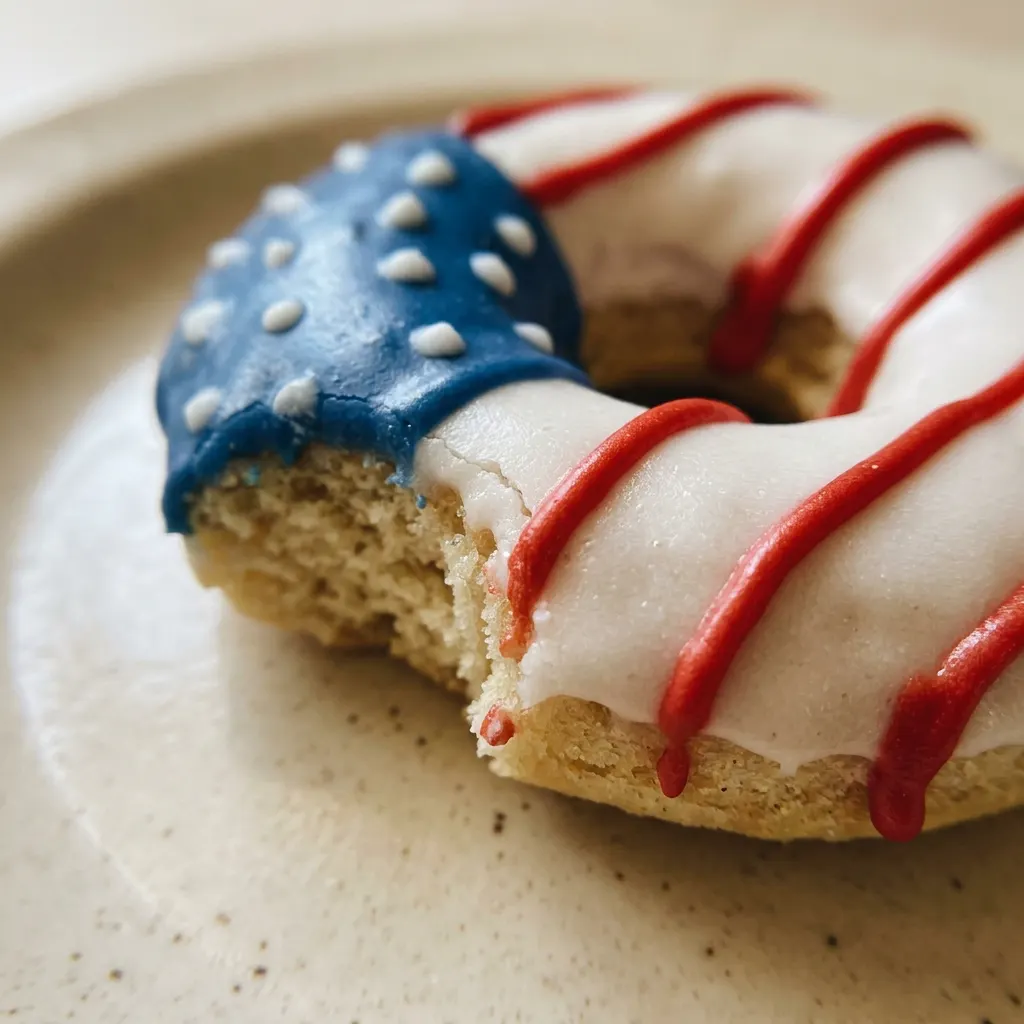Zoomed in on a donut with blue candy melt base and white stripes, red candy melt stars on top.