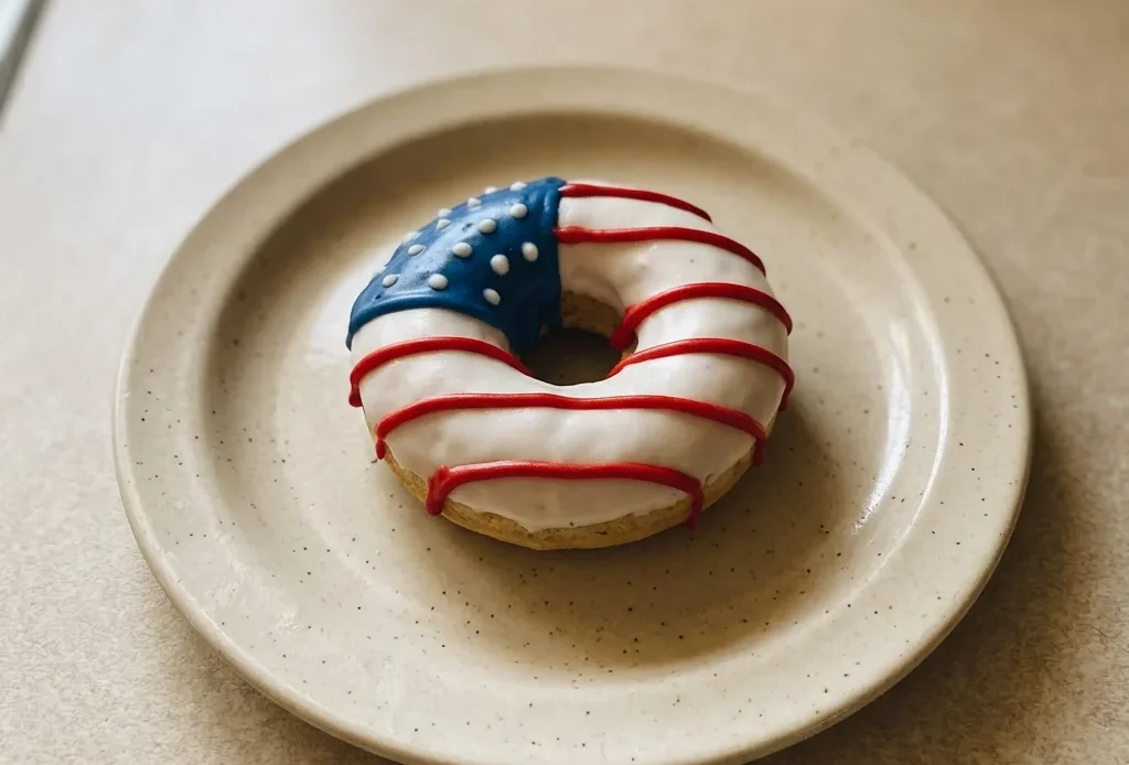 Bird's-eye view of three donuts arranged in a star pattern, topped with red, white, and blue candy melts.