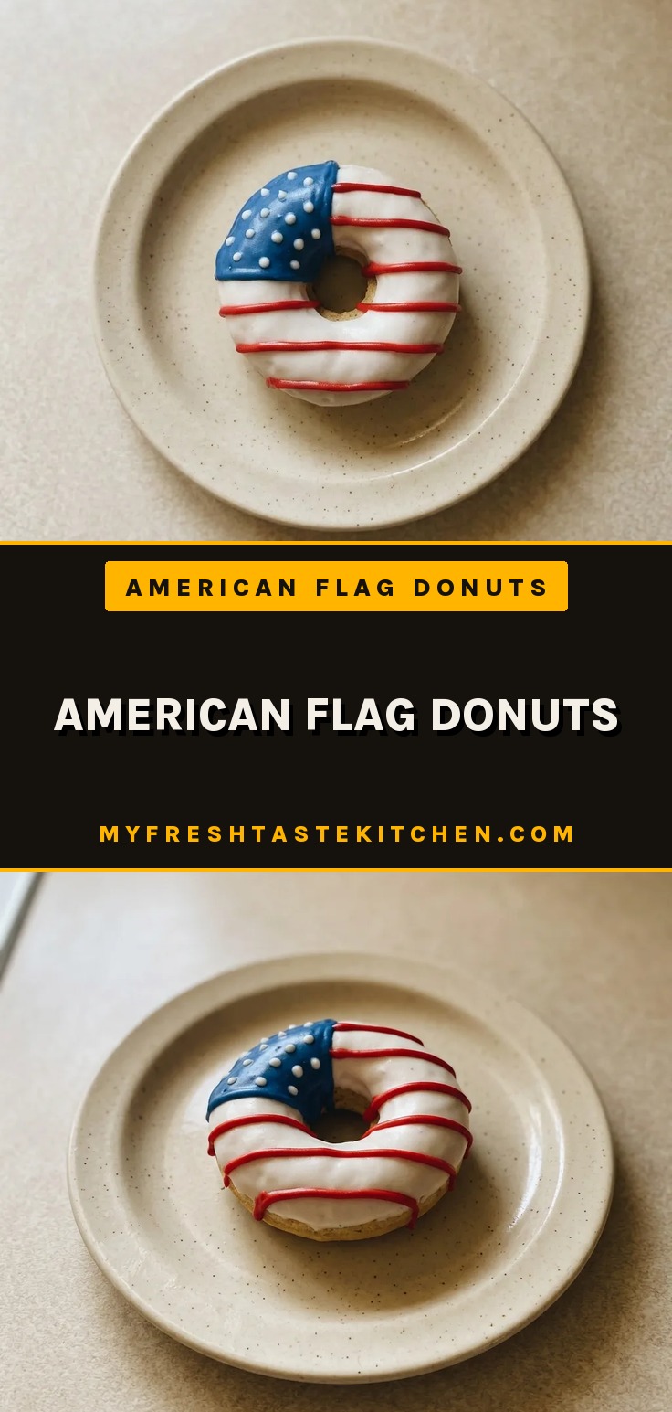 American flag donuts with red stripes, blue corner with white dots, and white base on a wire rack.