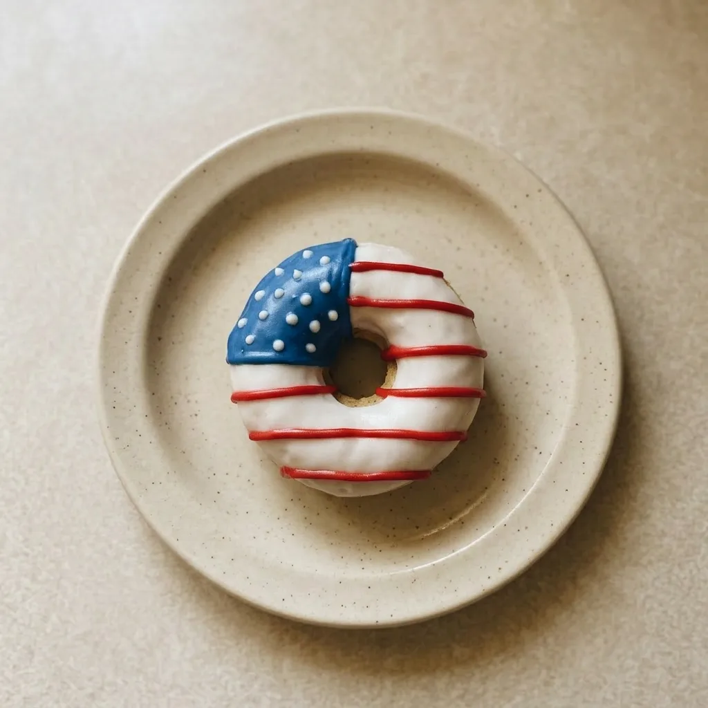 Ready to serve: three donuts with red, white, and blue candy melt toppings, resembling an American flag.