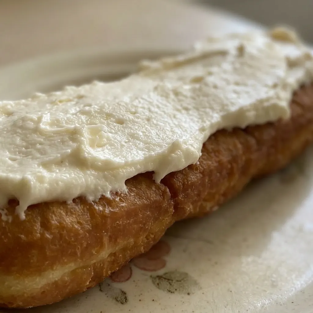 Zoomed in on a donut with glossy vanilla icing and visible yeast structure, cut in half to show airy crumb.