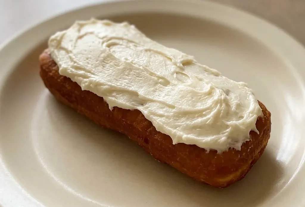 Top-down look at three glazed donuts with white icing and vanilla specks, arranged in a triangle.