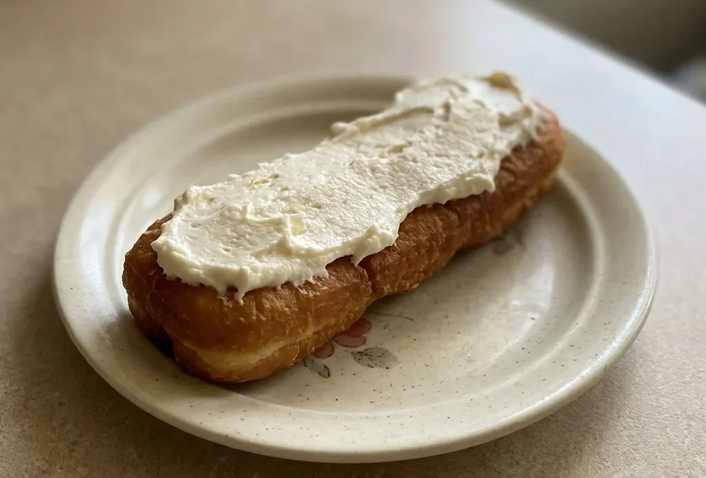 Bird's-eye view of two oblong donuts topped with white icing and vanilla flecks on a dark surface.
