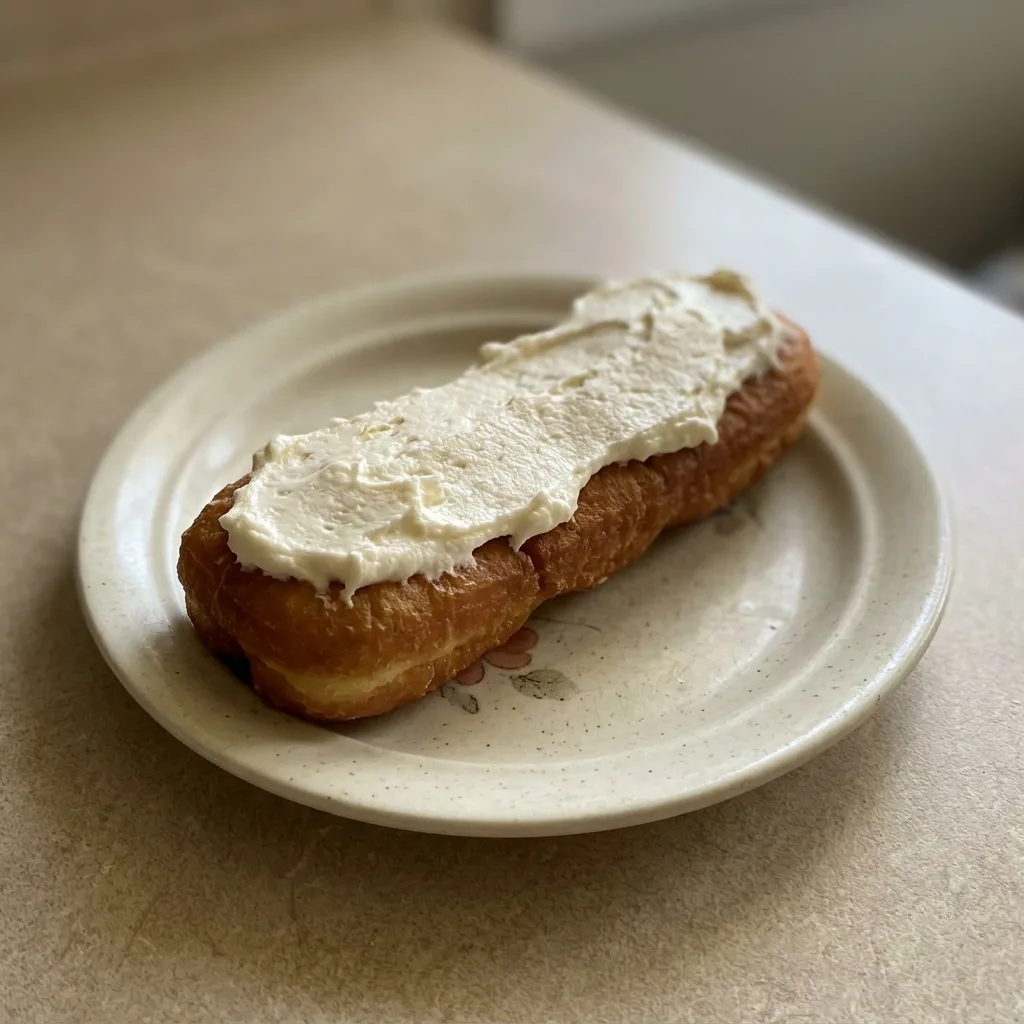 Bird's-eye view of two oblong donuts topped with white icing and vanilla flecks on a dark surface.