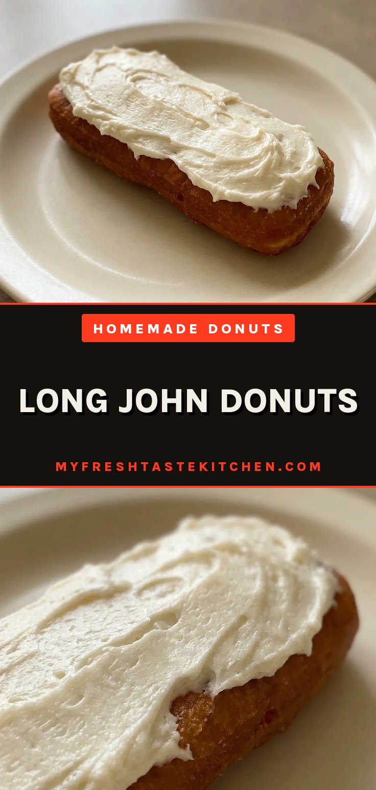 Amish long john donuts with vanilla icing, golden brown and glazed, with a soft yeast donut interior.