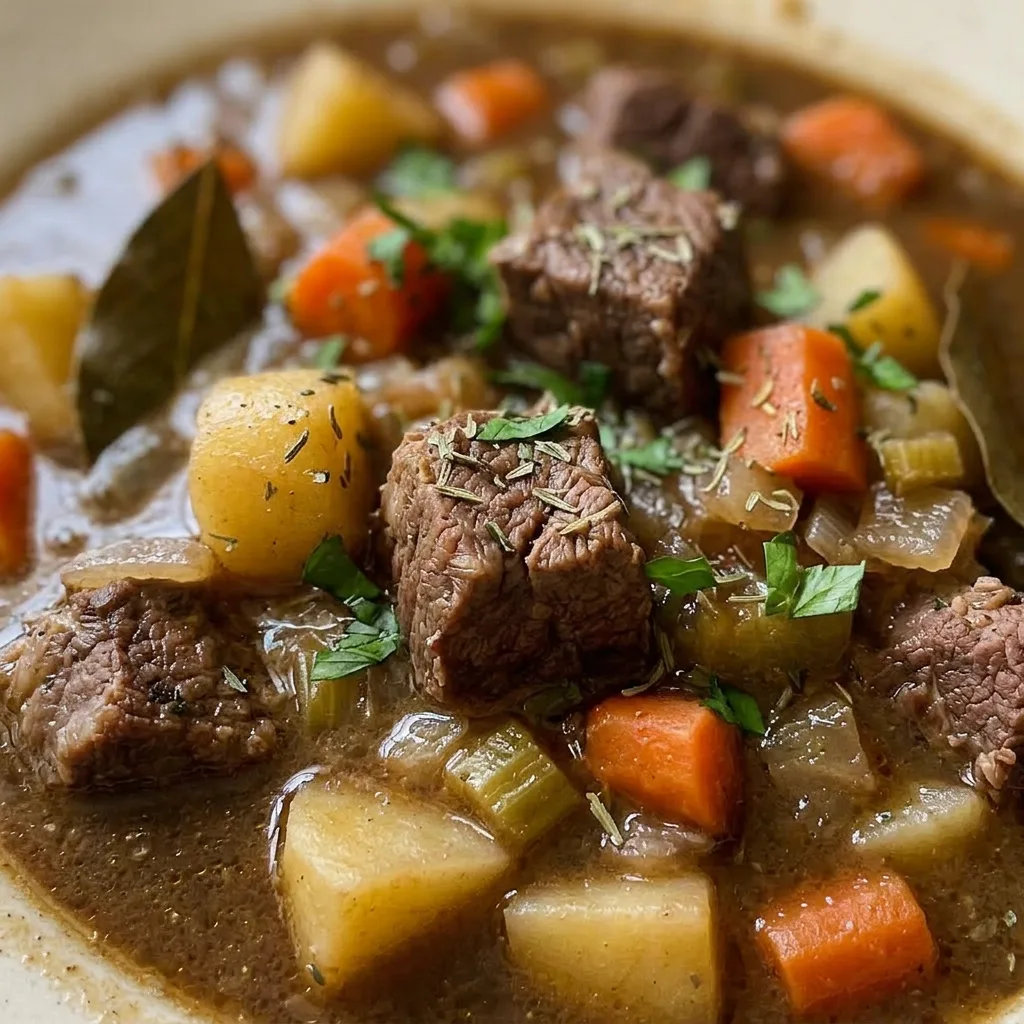 Macro detail of a forkful of tender beef chuck with a piece of carrot and a potato wedge, coated in rich brown gravy.