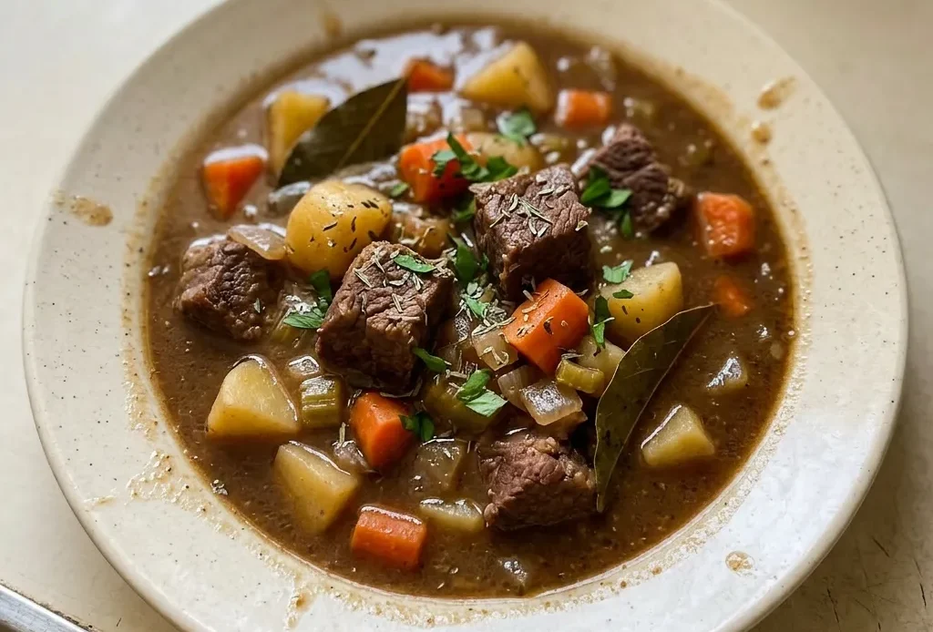 Top-down look at a bowl of beef stew with large chunks of beef, carrots, and potatoes in a dark broth, garnished with fresh thyme.
