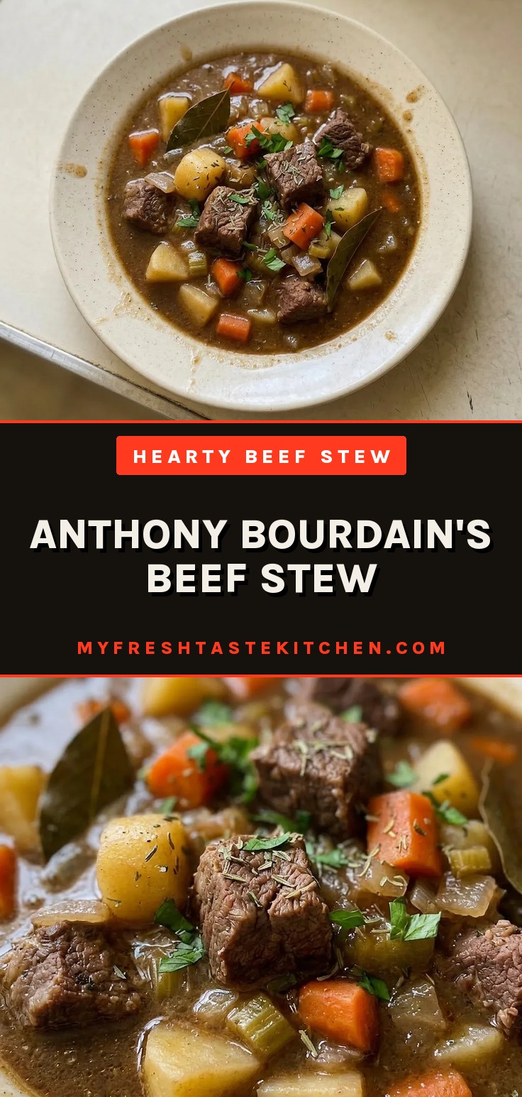Anthony Bourdain's Beef Stew with beef chuck, carrots, and potatoes in a dark broth.