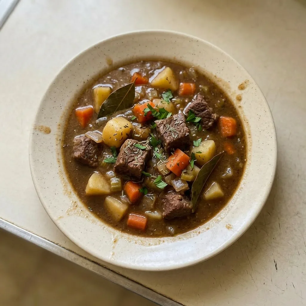 A serving of beef stew in a bowl, showing beef, carrots, potatoes, celery, and onion in a wine-based broth, with a bay leaf on top.