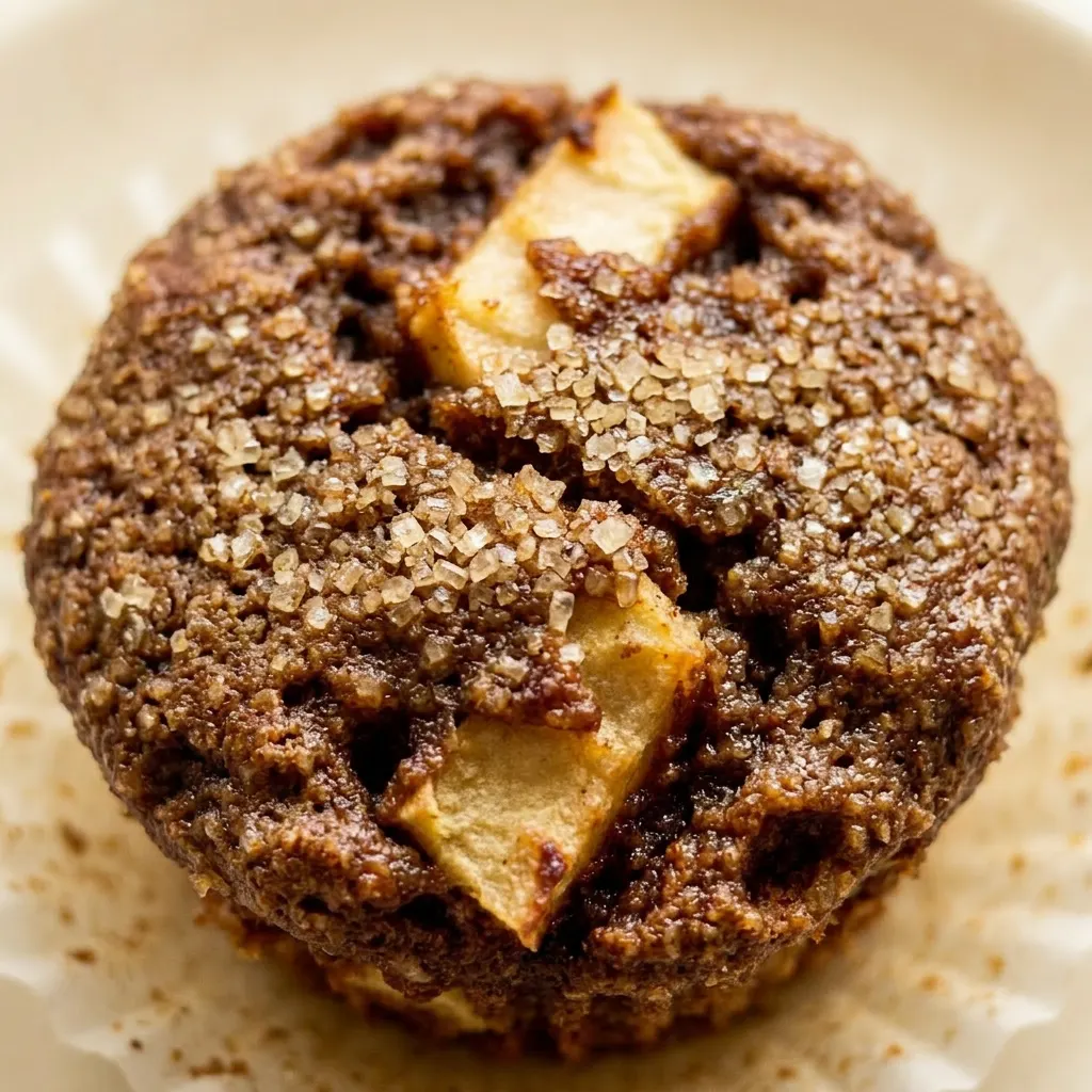Macro detail of a muffin's golden brown crust with visible apple bits and a glossy apple butter swirl.