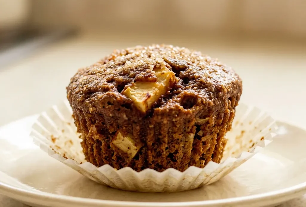 Top-down look at a muffin with a spiral of apple butter, cinnamon dusting, and small apple pieces on top.